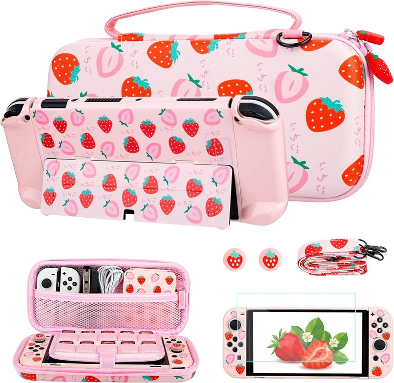 F'DIARY Strawberry Pink Carrying Case for Nintendo Switch OLED, Cute Travel Case Protector for Switch oled Accessories with Strawberry Carry Bag Pink Protective Cover Screen Protector and Thumb Caps - Image 1